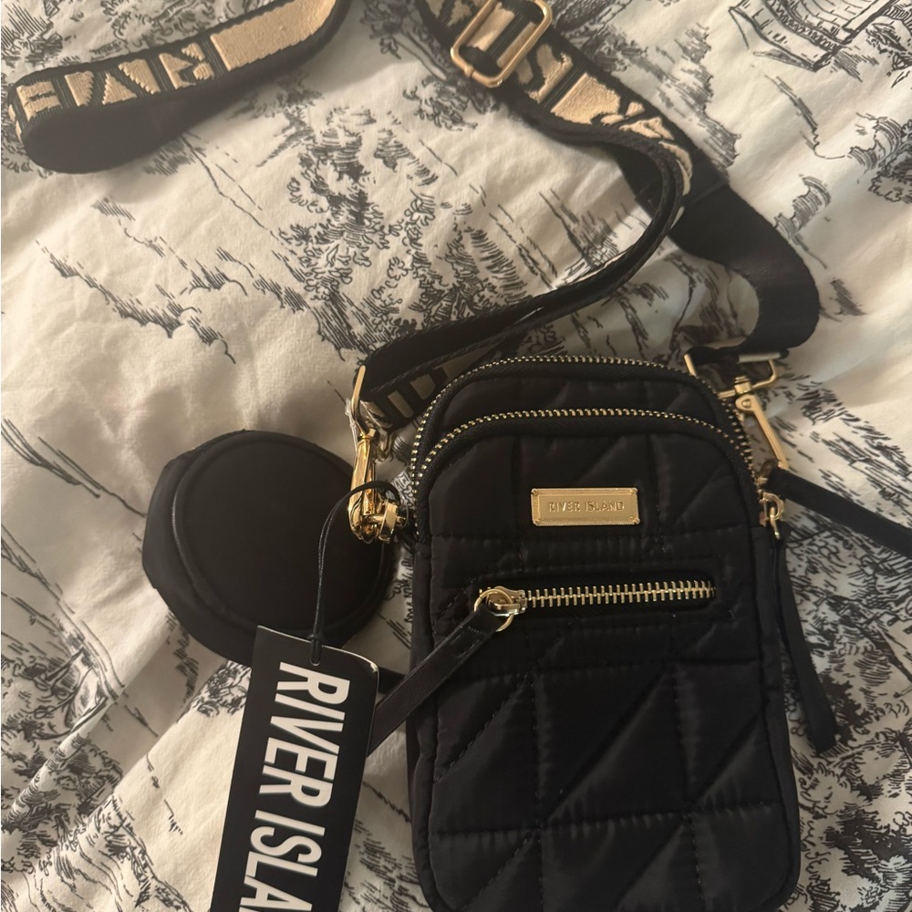 NWT River Island Quilted Black Crossbody Bag with Gold Accents